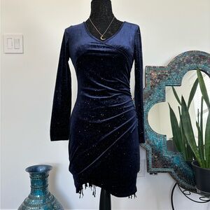 Mini Wrap Dress V Neck Long Sleeve Velvet Bodycon Glitter Ruched Party Dress